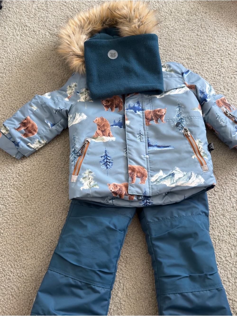 deux par deux Teal Blue Kids Puffer Jacket with Faux Fur Hood